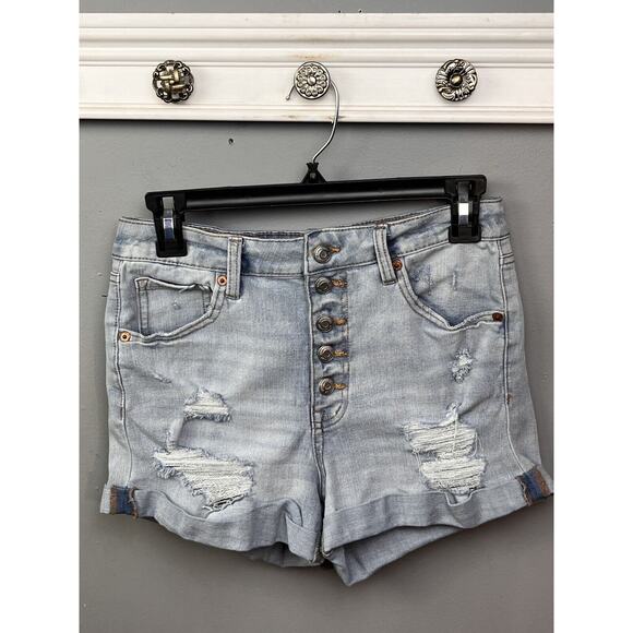 Aero Super‎ High Rise Midi Jean Shorts Women's 8 Button Fly Distressed Denim - Picture 1 of 10